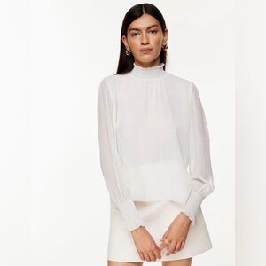 Wilfred White Smocked High Neck Long Sleeve Blouse